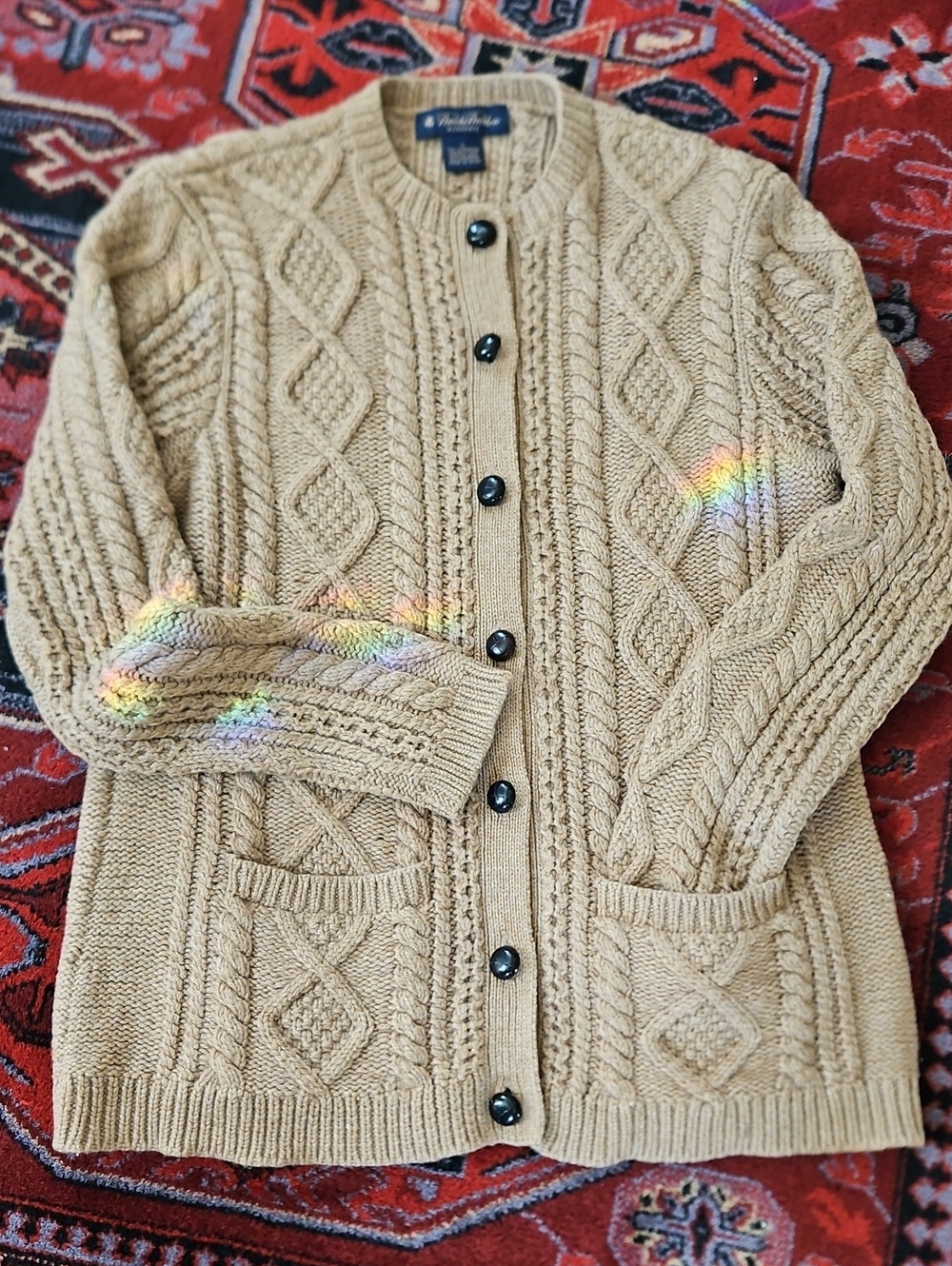 Brooks Brothers Cable-Knit Cardigan in Camel